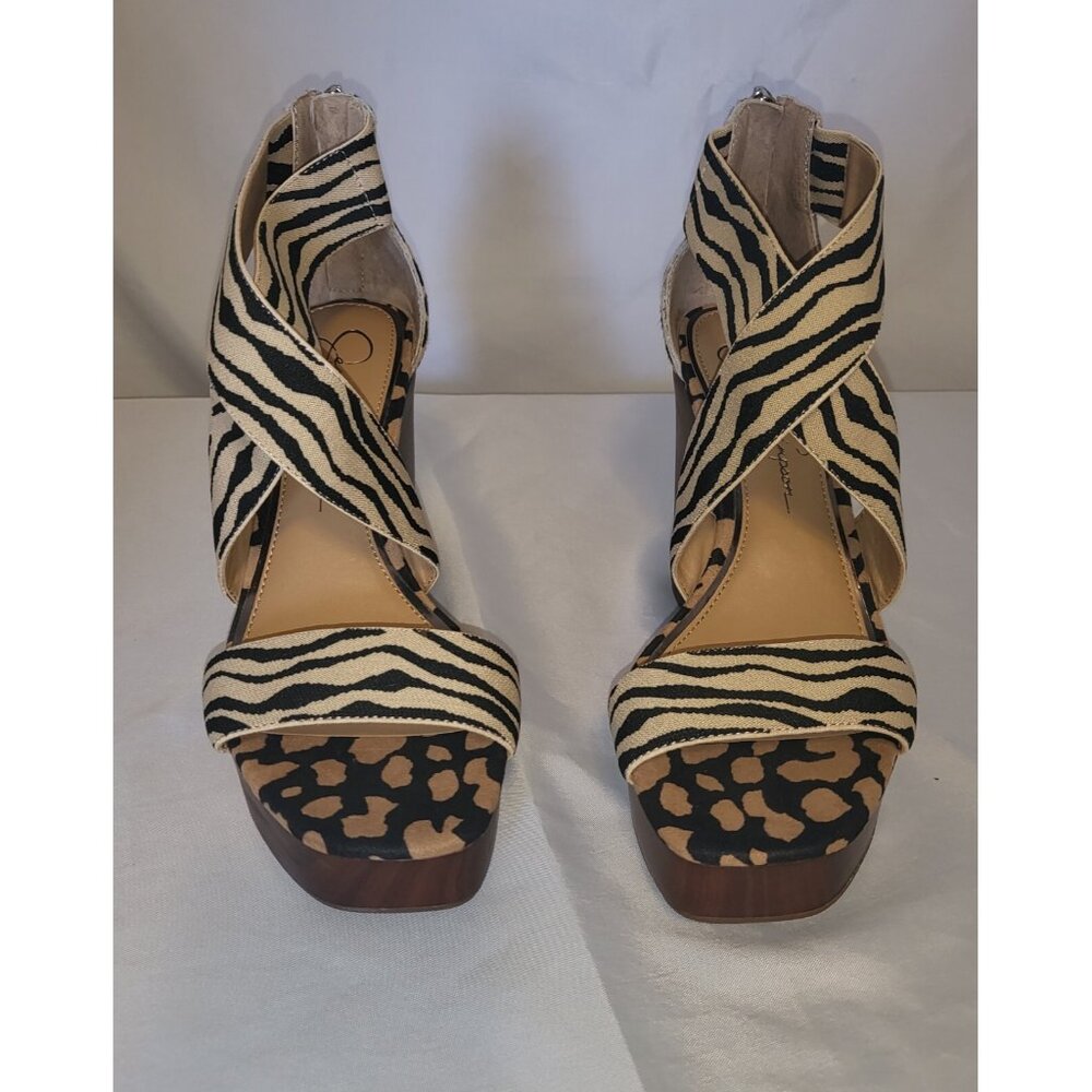 Jessica Simpson Zebra Strapped Platform Wedges Size 7M Faux Wood Sole NWOBox